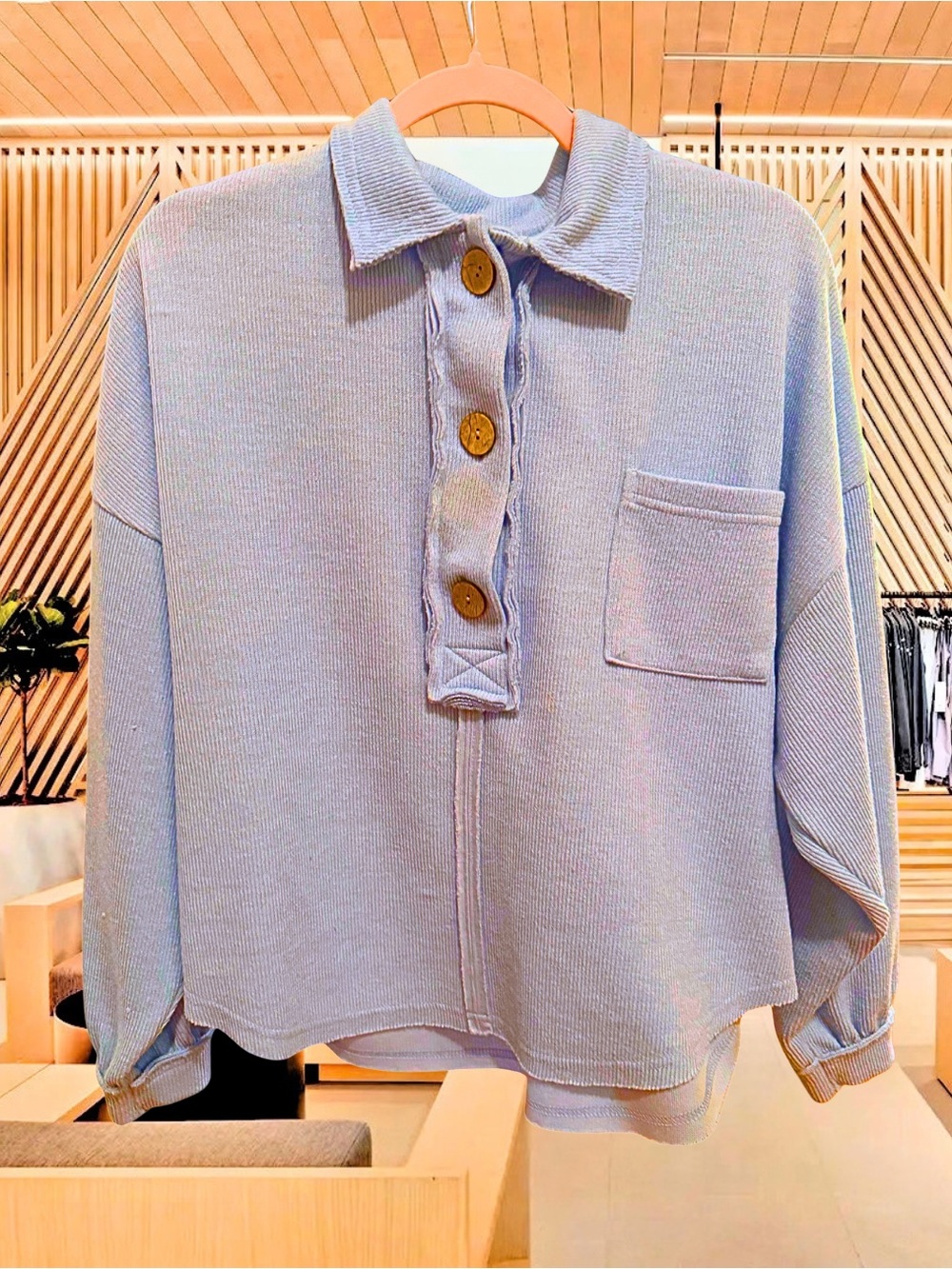 Blu-Pepper Ribbed Baby Blue Button-Front Polo Top